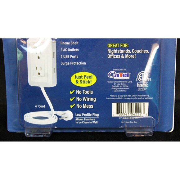Presto Plug Outlet Extender 4' Cord 2 USB Ports Peel & Stick Surge Protection - Picture 6 of 7